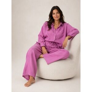 Oysho Linen Set Women L Purple Button Down Wide Leg Coastal Grandmother Boho